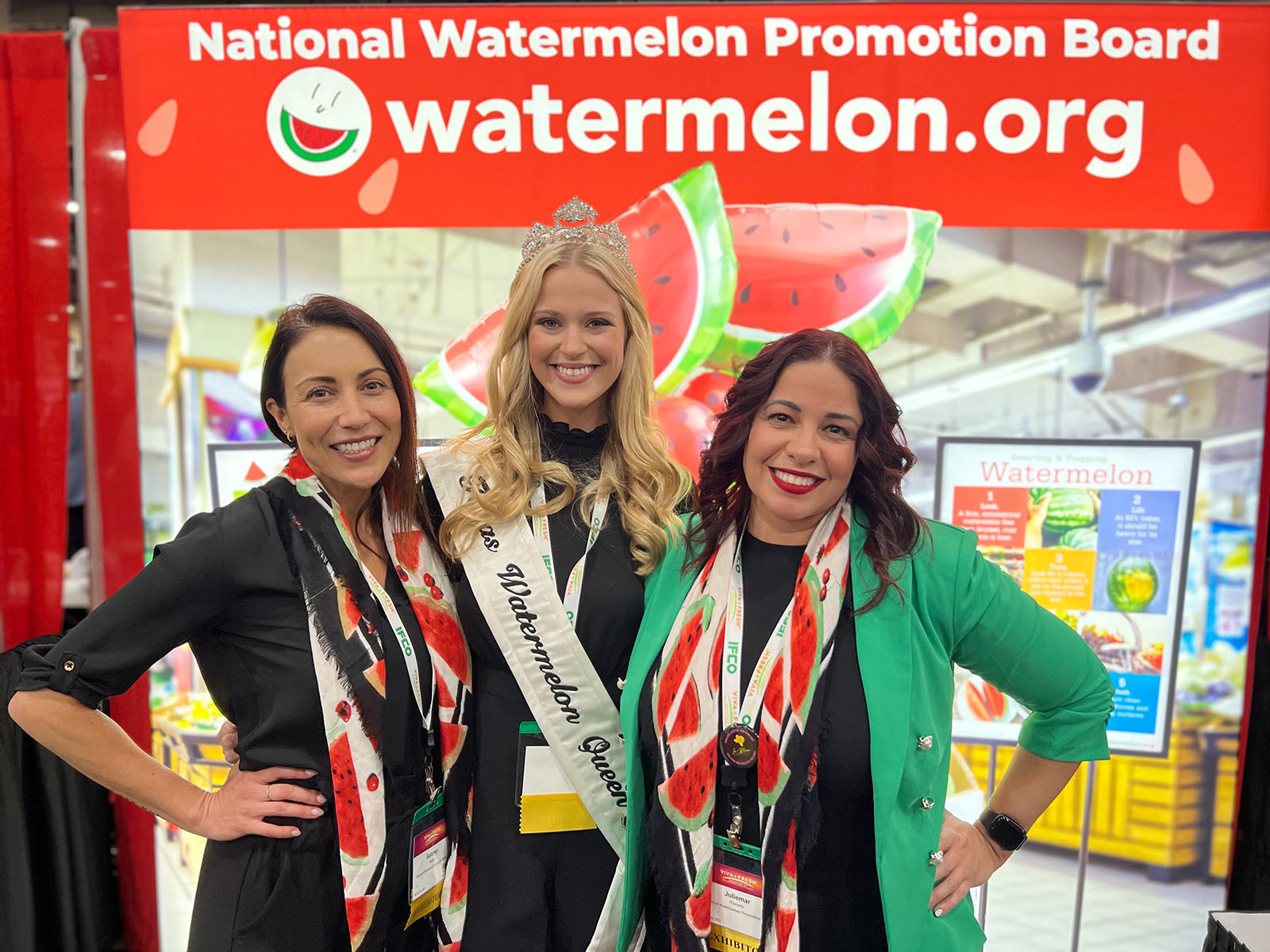 Texas Watermelon Queen Savannah Carr with Summer Walker and Juliemar Rosado of the National Watermelon Promotion Board.