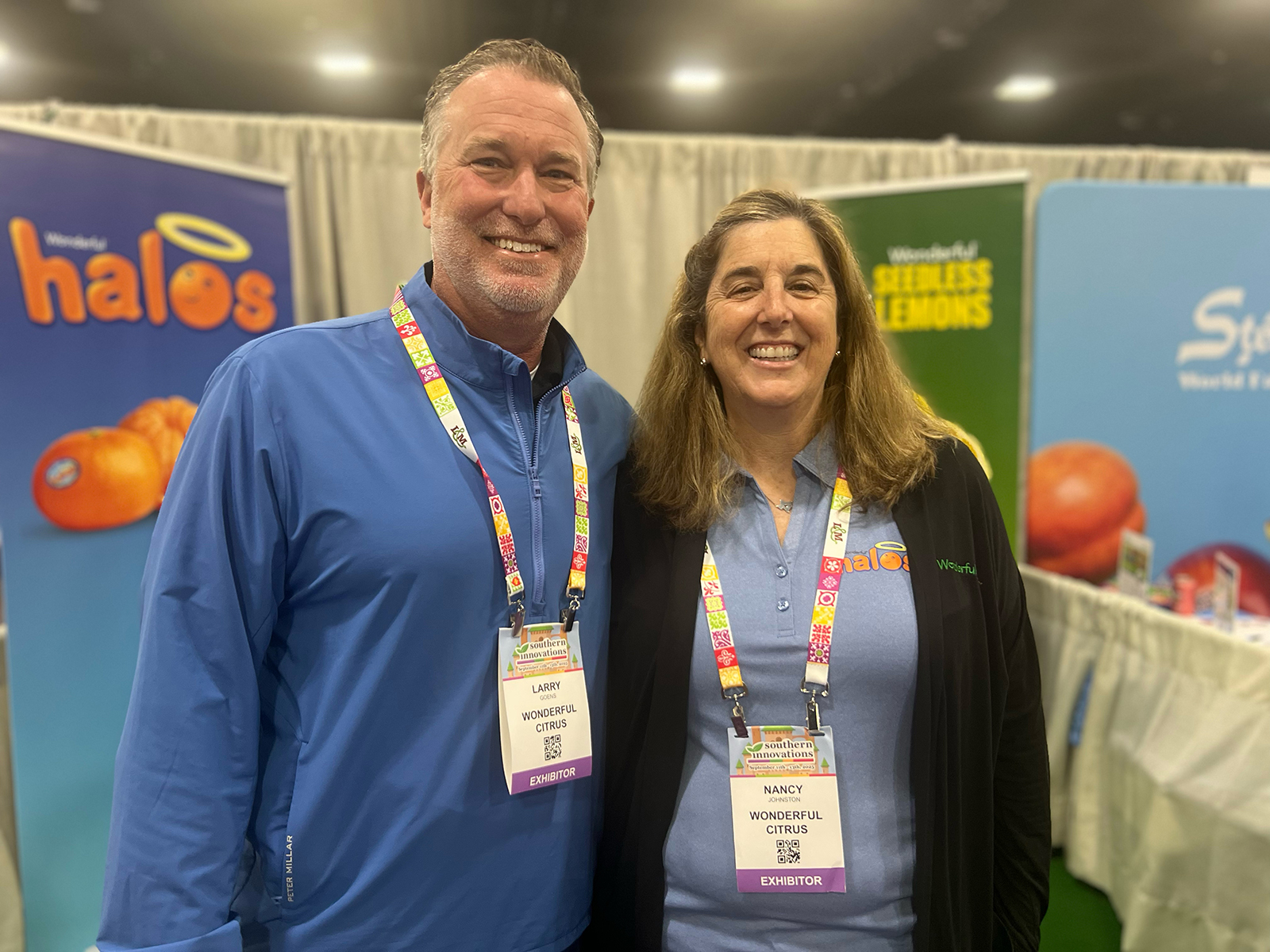 At the Wonderful Citrus booth promoting Halos and Seedless Lemons were Larry Goens and Nancy Johnston.