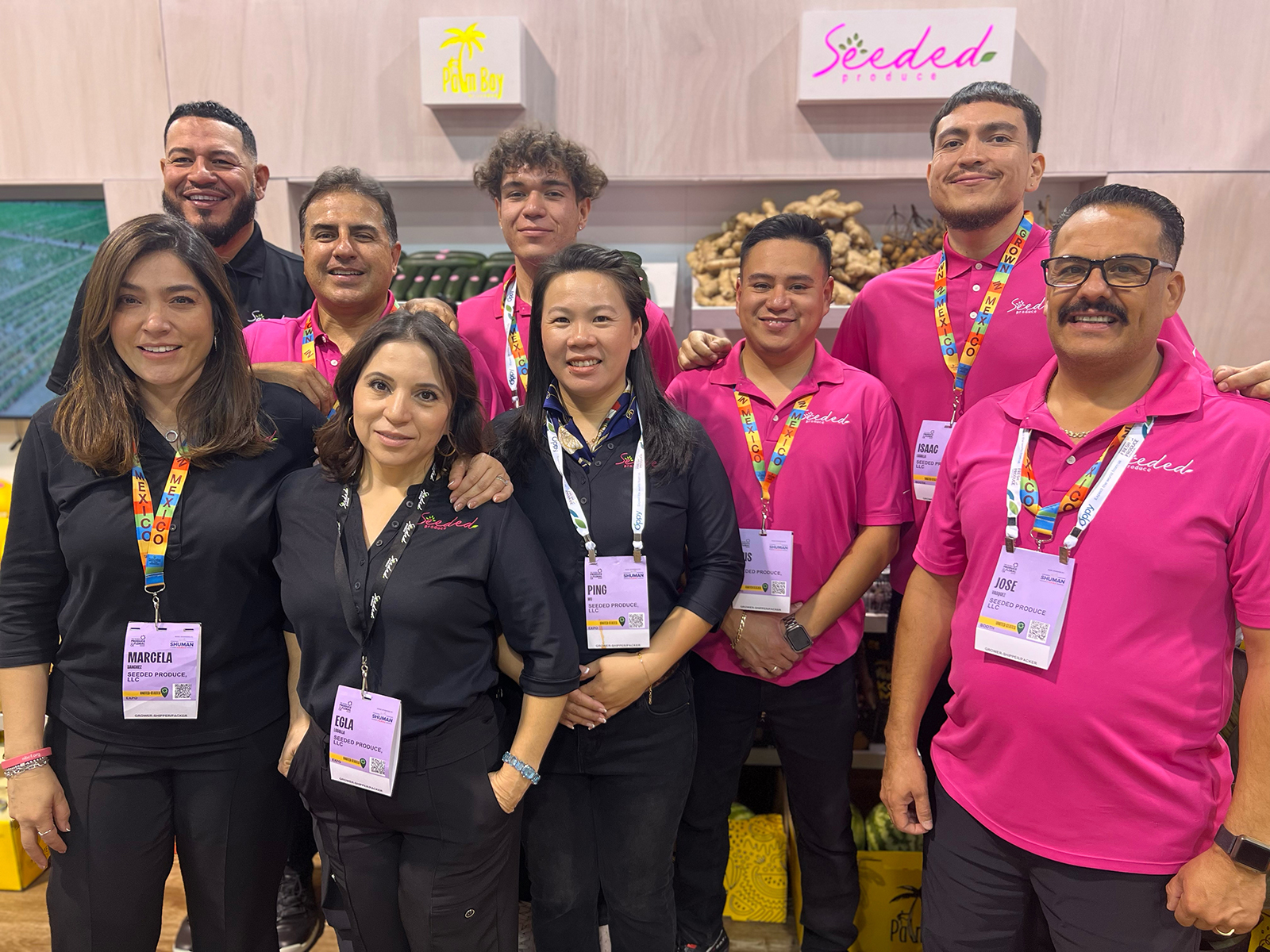 Seeded Produce unveiled a line of Asian produce at the IFPA Global Show. Pictured are (front row) Marcela Sanchez, Egla Losolla and Ping Wu, and (back row) Omar Losolla, Omar Sanchez, Caleb Losolla, Luis Vargas, Isaac Losolla and Jose Vasquez.