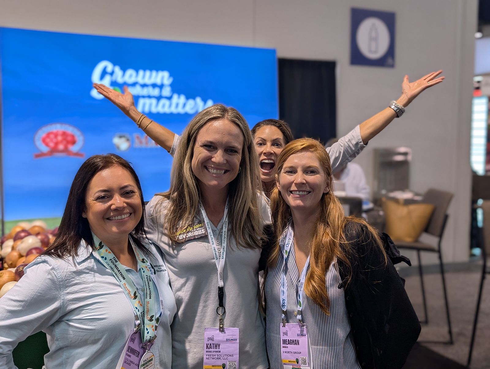 Jen Velasquez of Full Tilt Marketing, Kathy Michael Sponheim of Fresh Solutions Network and Meaghan McGrath of 9 North Group photobombed by Kathleen Triou of Fresh Solutions Network.