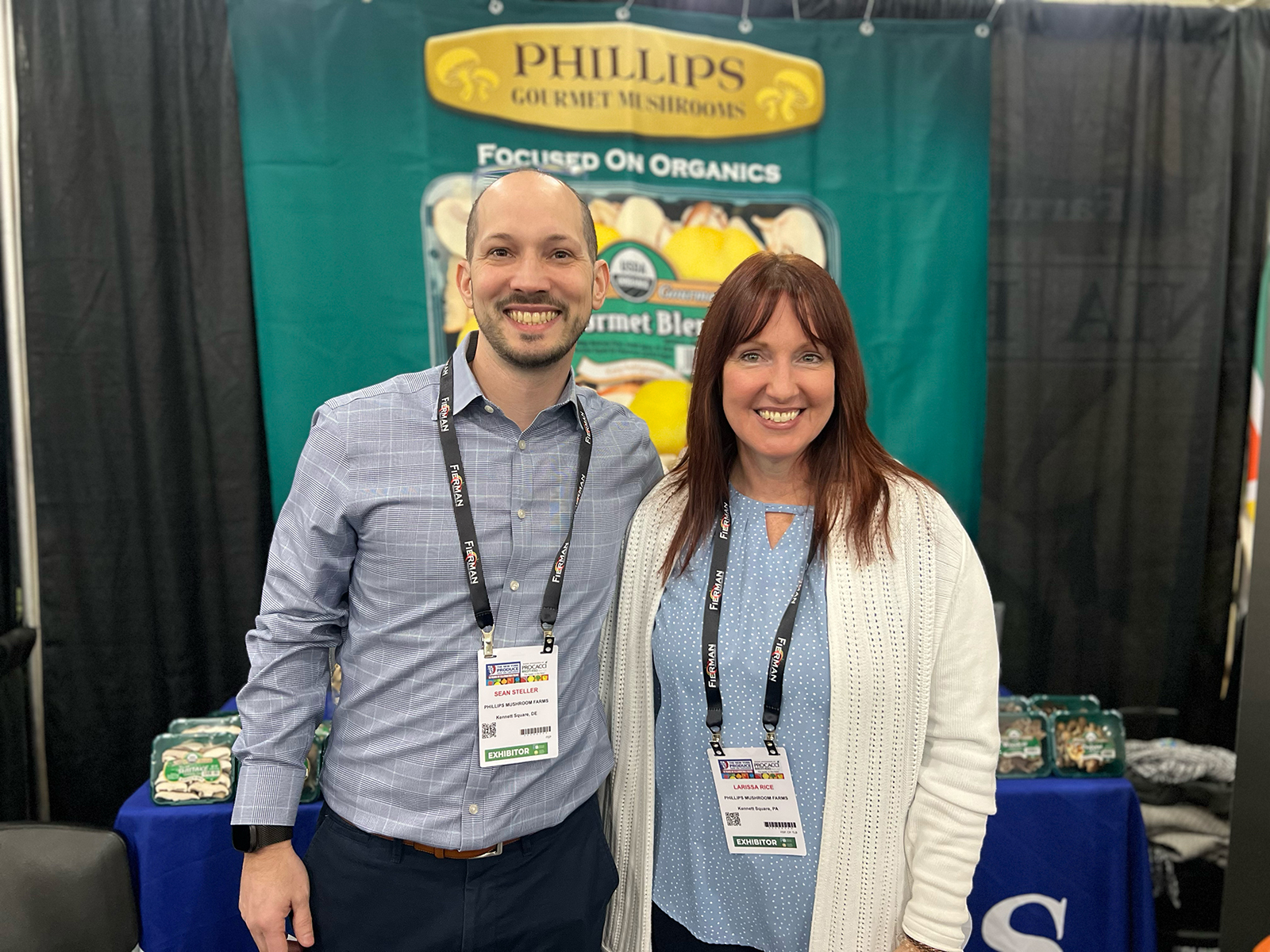 Sean Steller and Larissa Rice of Phillips Mushroom Farms displayed the grower’s full line of products at the New York Produce Show.