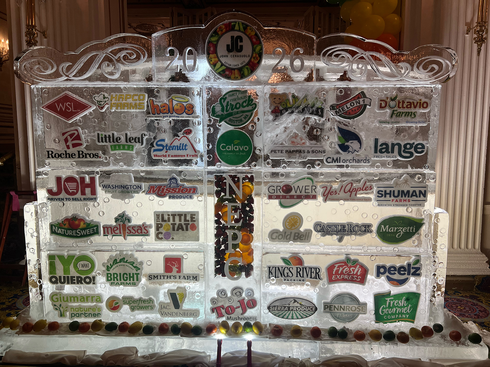 Sponsors for the 2026 NEPC Dinner Dance were recognized with a dramatic ice sculpture.