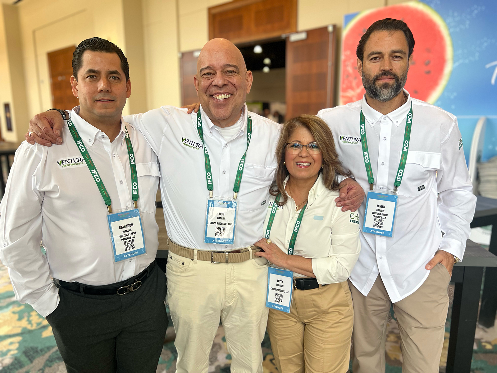 Walking the trade show floor at Viva Fresh to promote their newly established company, Ventura Fresh Produce/Chico Produce, were Salvador Macias, Rob Ybarra and his wife, Letty Perales, and Javier Torres.