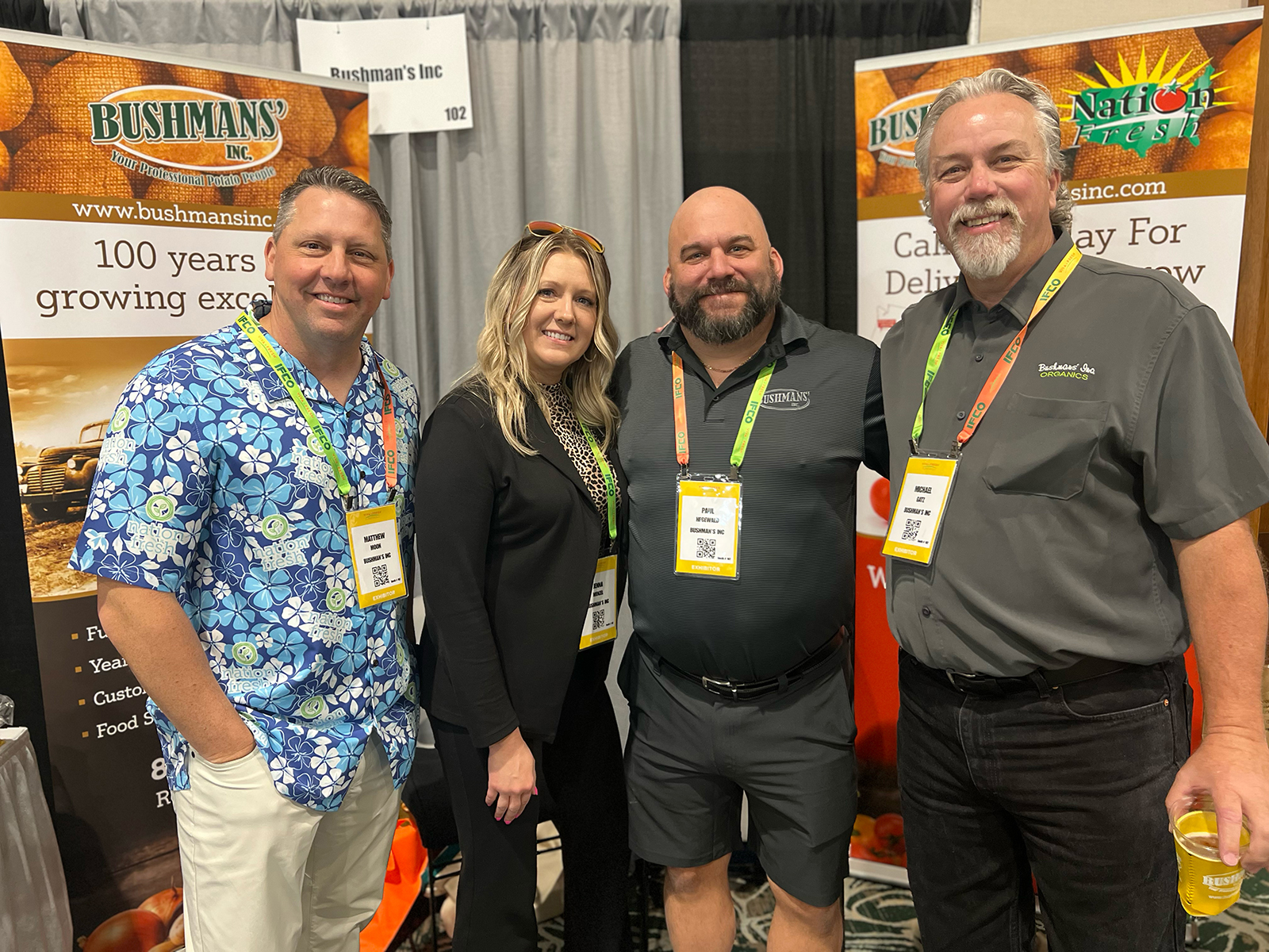 At the Bushmans’ booth were Matthew Moon of Class Produce with Jenna Wenzel, Mike Gatz and Paul Hegewald of Bushmans’.