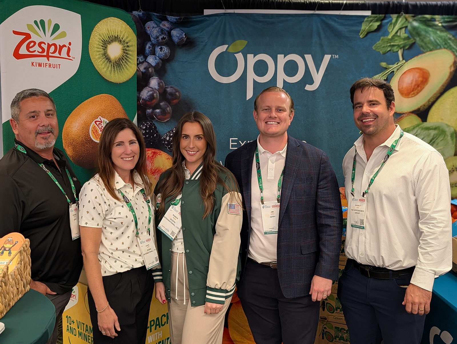 Fernando Caudillo of Oppy with Jeanne Wilson and Bianca Fielder of Zespri, and Jim Leach and Garrett Souza of Oppy.