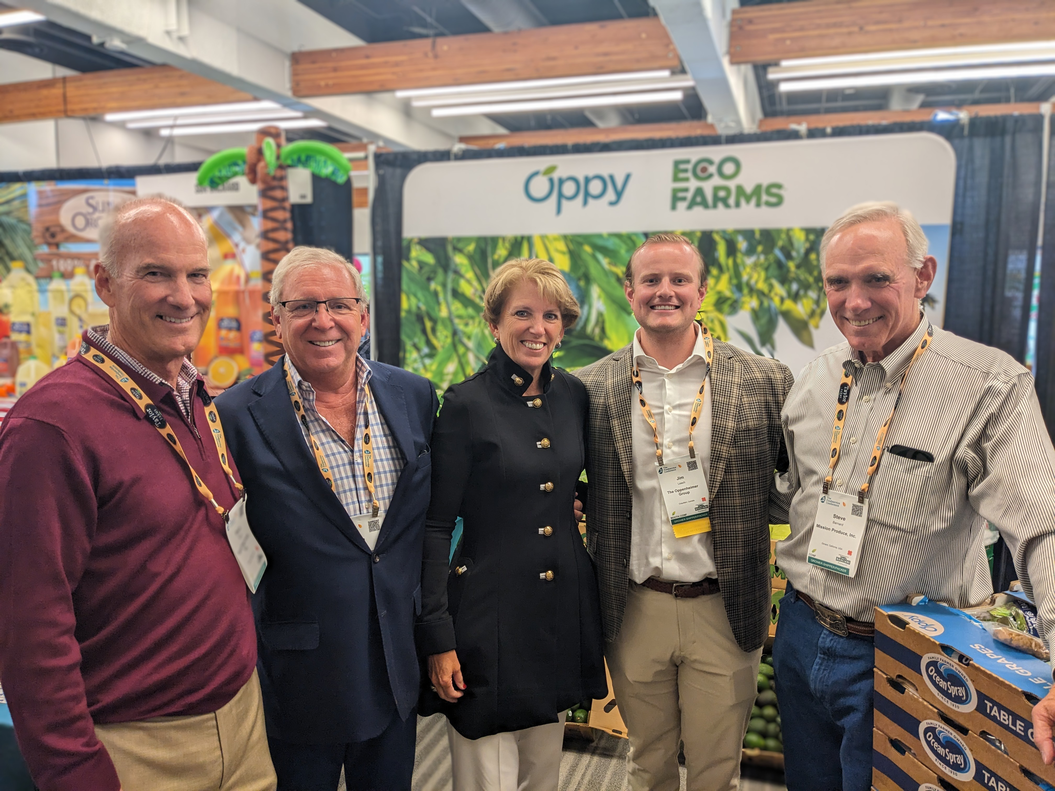 Cathy Burns of IFPA surrounded by Bruce Taylor of Taylor Farms, John Anderson and Jim Leach of Oppy, and Steve Barnard of Mission Produce. 